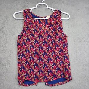 Pixley Top Womens S Blue Pink V Neck Geometric Leaf Sheer Lined Back ButtonTank